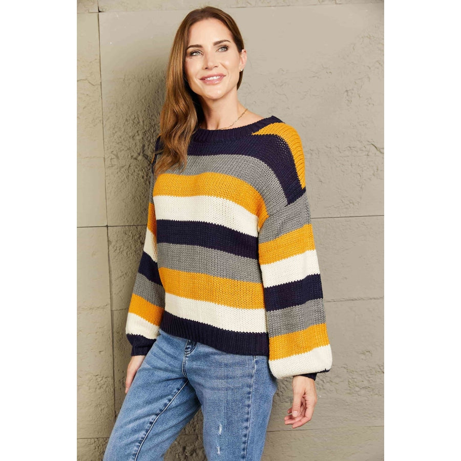 Woven Right Striped Dropped Shoulder Knitted Pullover Sweater