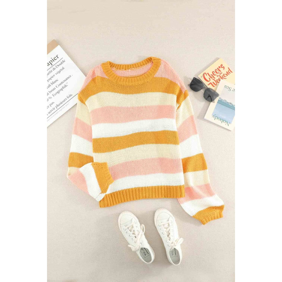 Woven Right Striped Dropped Shoulder Knitted Pullover Sweater Yellow / S
