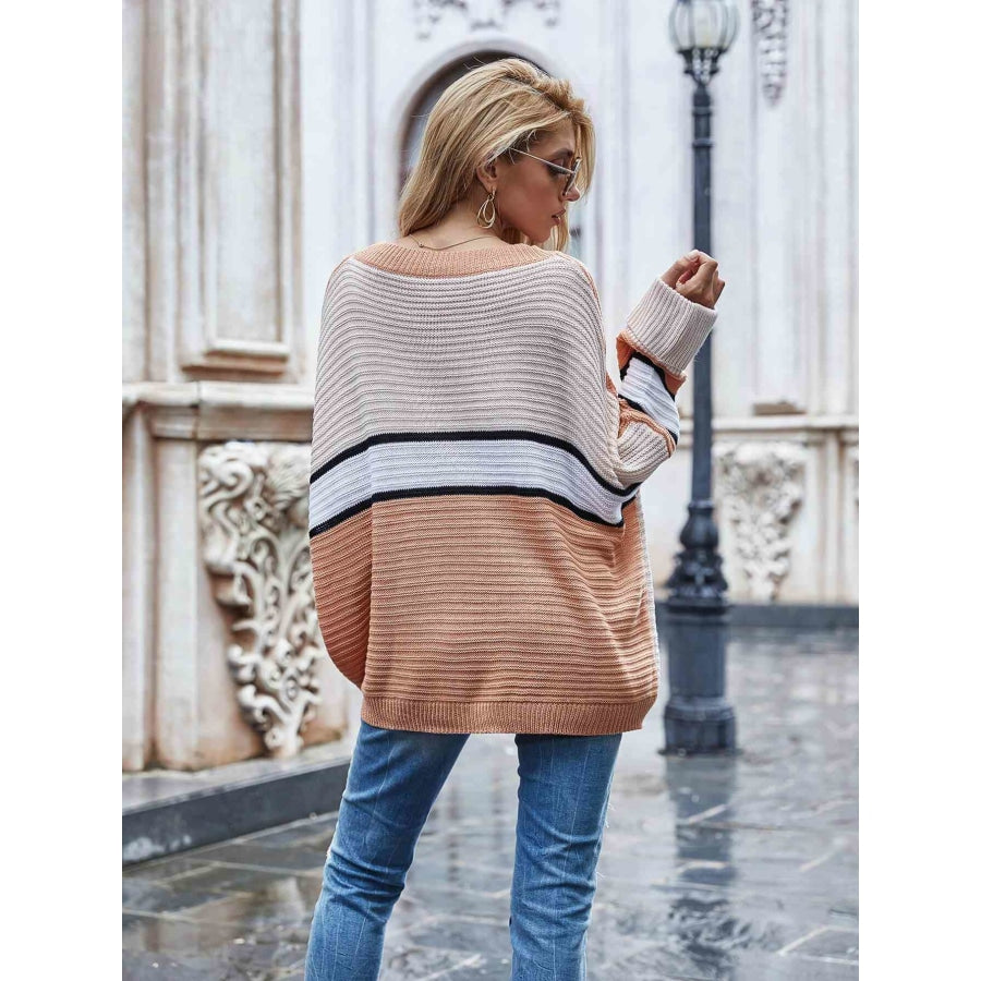 Woven Right Striped Horizontal Ribbing Long Sleeve Tunic Sweater