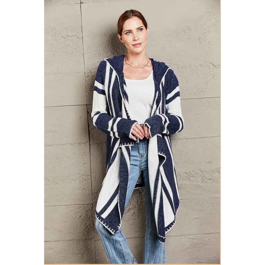 Woven Right Striped Open Front Hooded Cardigan Blue / S