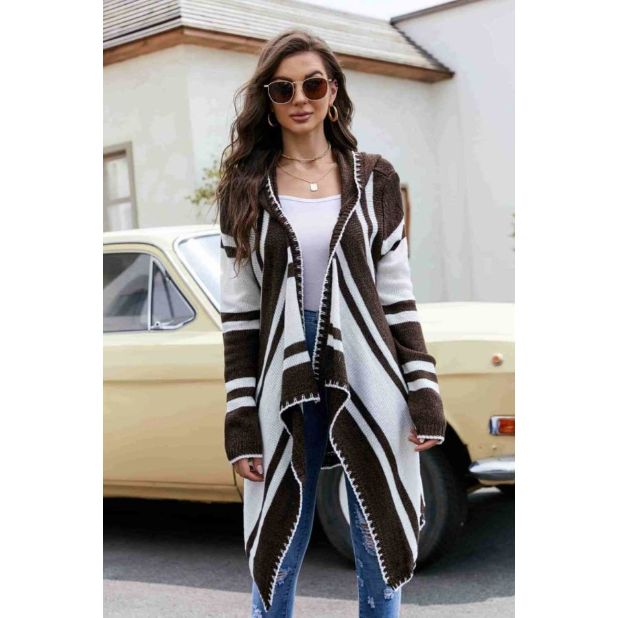 Woven Right Striped Open Front Hooded Cardigan Brown / S