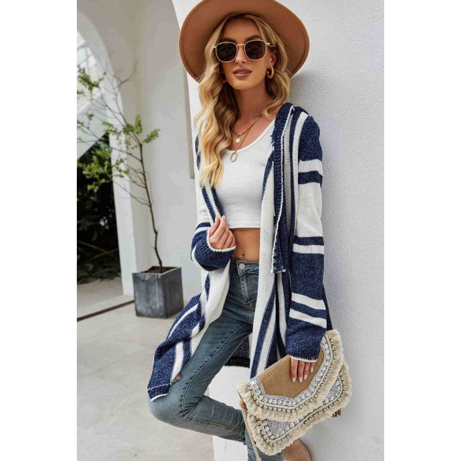 Woven Right Striped Open Front Hooded Cardigan