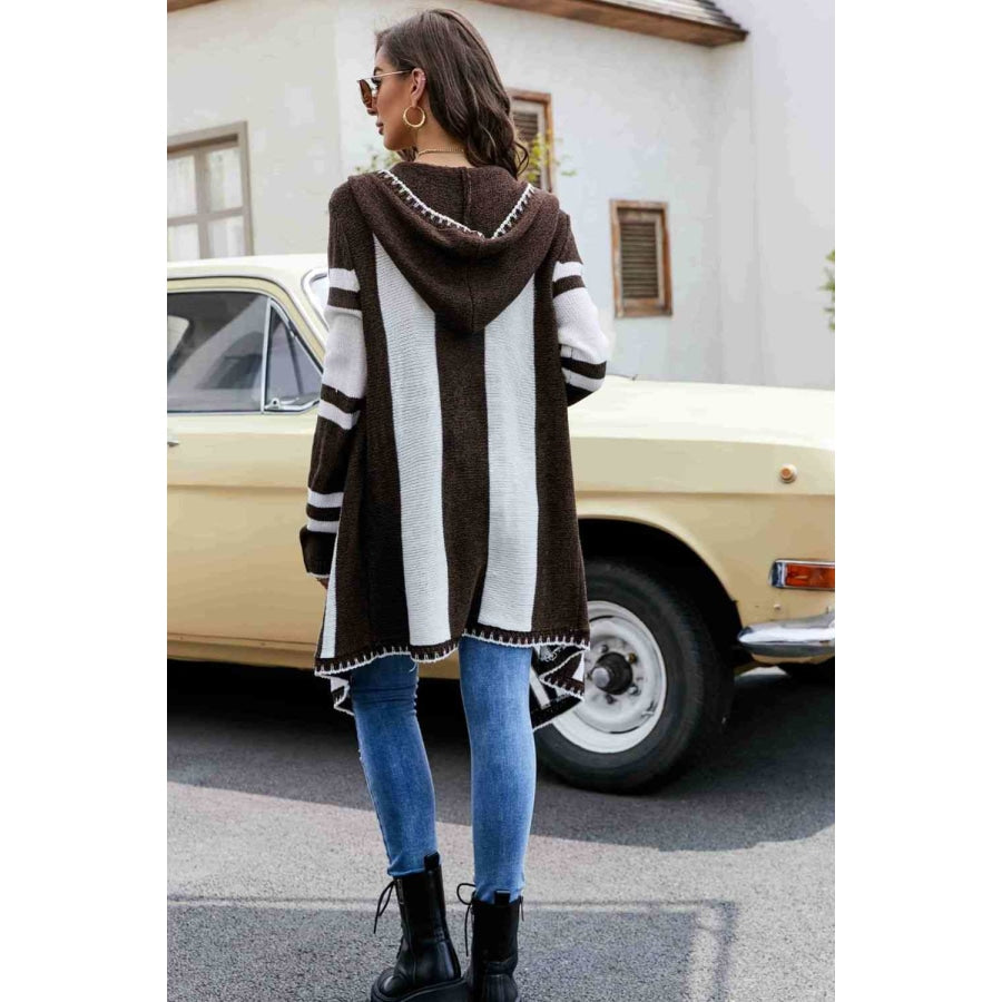 Woven Right Striped Open Front Hooded Cardigan