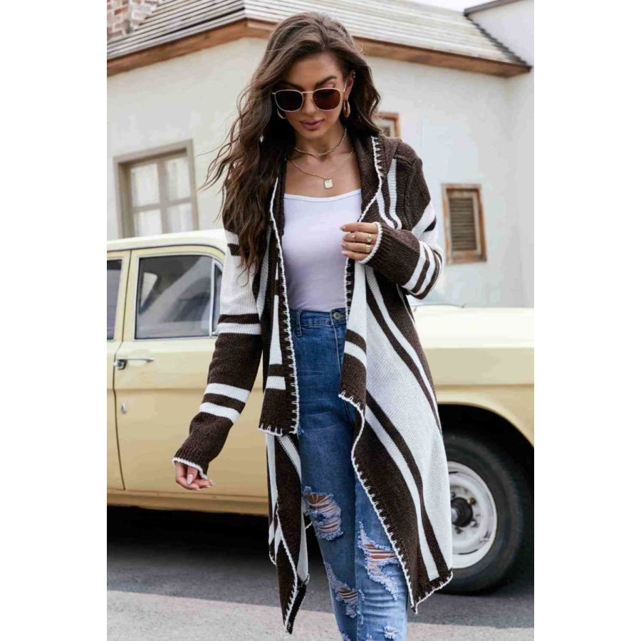 Woven Right Striped Open Front Hooded Cardigan