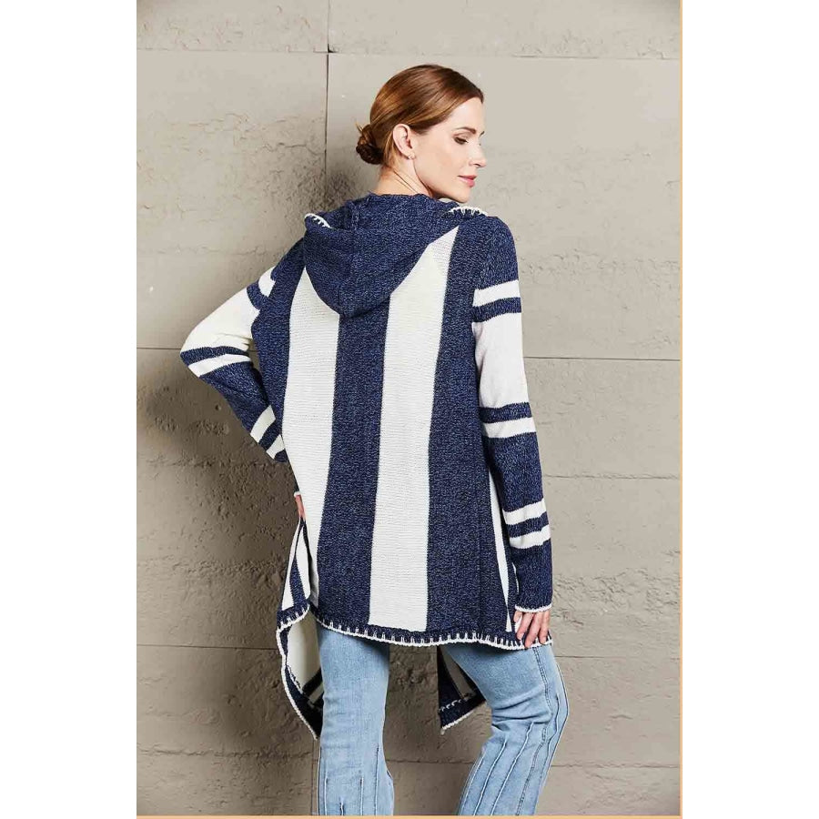 Woven Right Striped Open Front Hooded Cardigan Blue / S