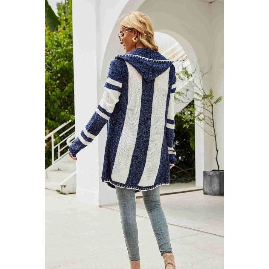 Woven Right Striped Open Front Hooded Cardigan