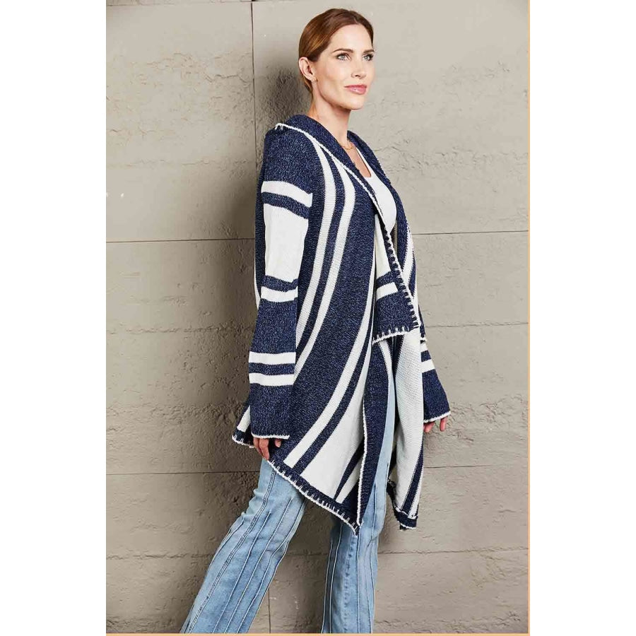 Woven Right Striped Open Front Hooded Cardigan