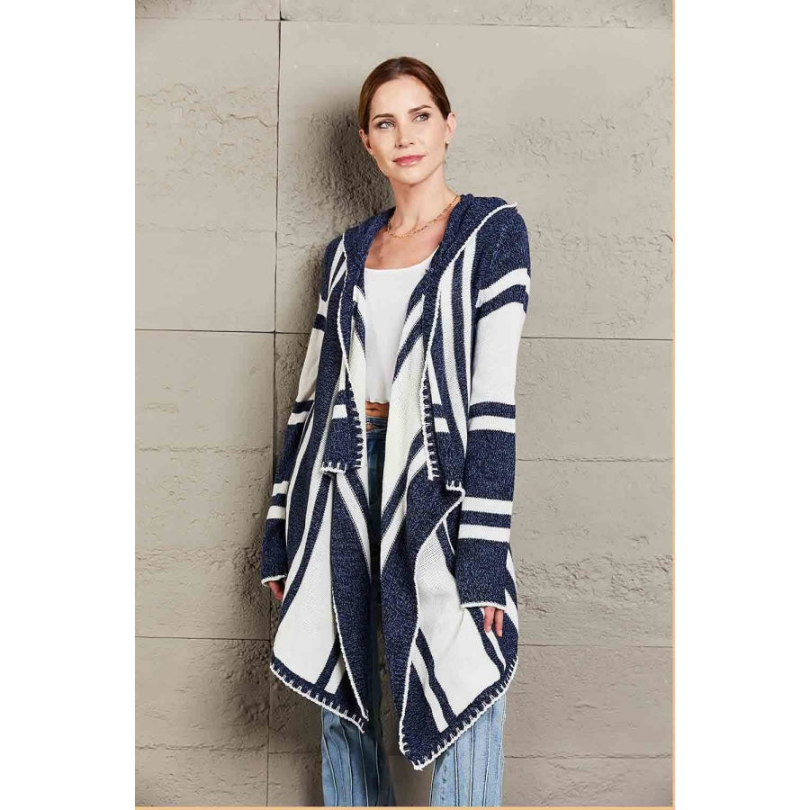 Woven Right Striped Open Front Hooded Cardigan