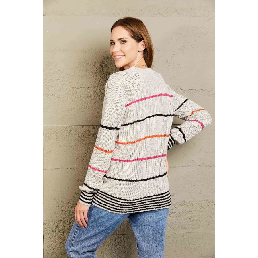 Woven Right Striped Ribbed Round Neck Long Sleeve Sweater Gray / S