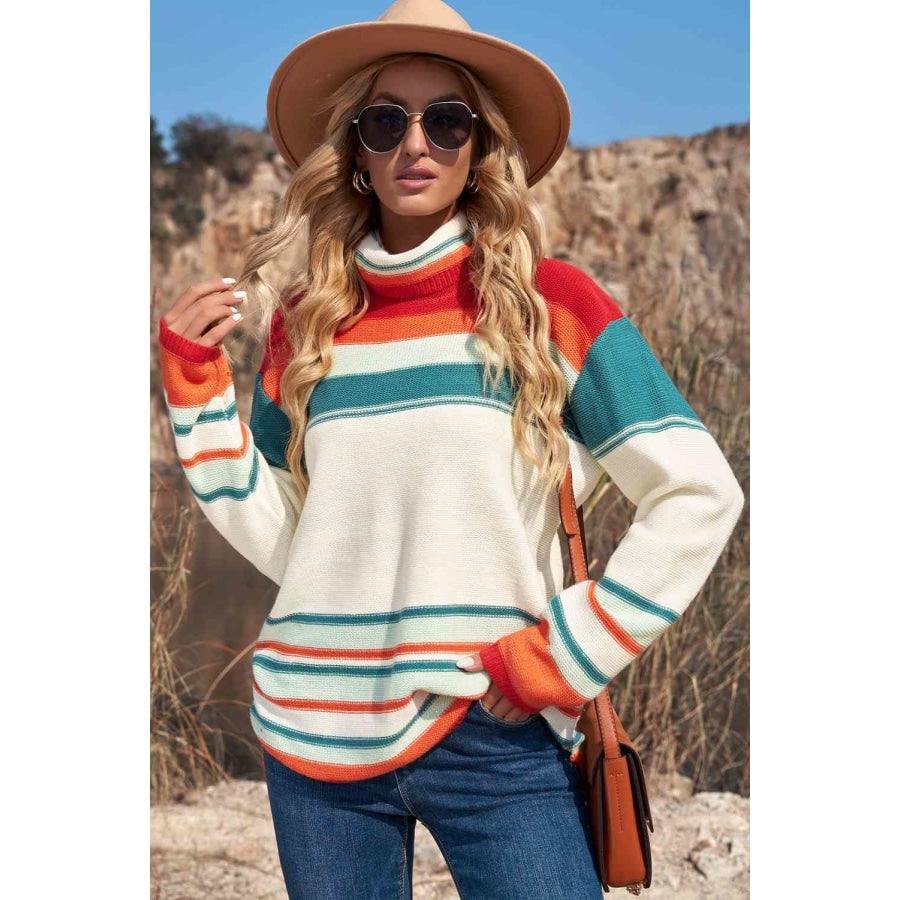 Woven Right Striped Turtleneck Drop Shoulder Sweater Multi / S