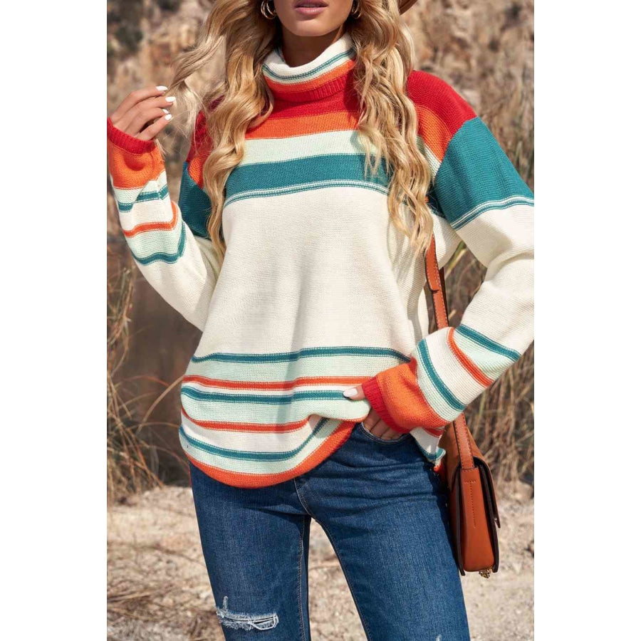 Woven Right Striped Turtleneck Drop Shoulder Sweater