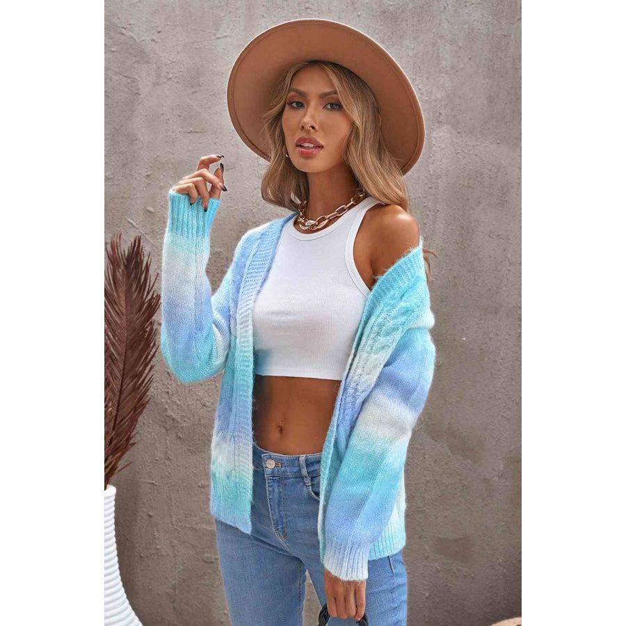 Woven Right Tie-Dye Cable-Knit Raglan Sleeve Open Front Cardigan Blue / S