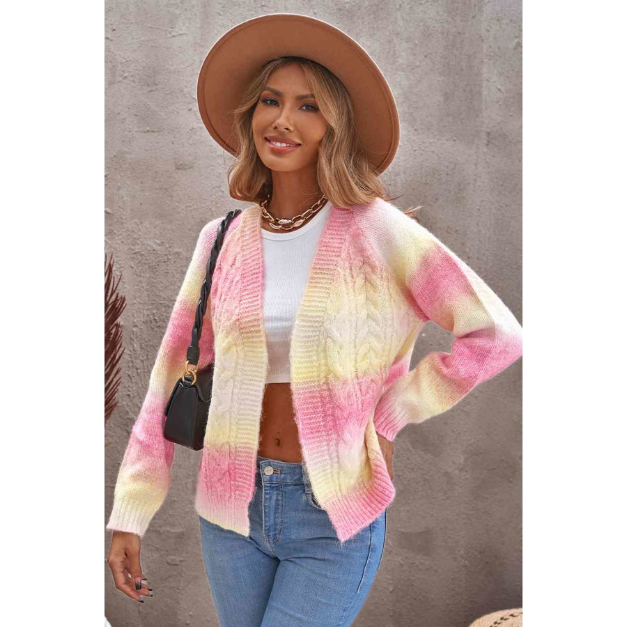Woven Right Tie-Dye Cable-Knit Raglan Sleeve Open Front Cardigan Pink/Yellow / S