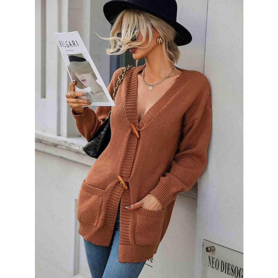 Woven Right Toggle Closure Ribbed Trim Dropped Shoulder Cardigan