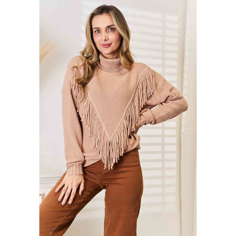 Woven Right Turtleneck Fringe Front Long Sleeve Sweater Camel / S