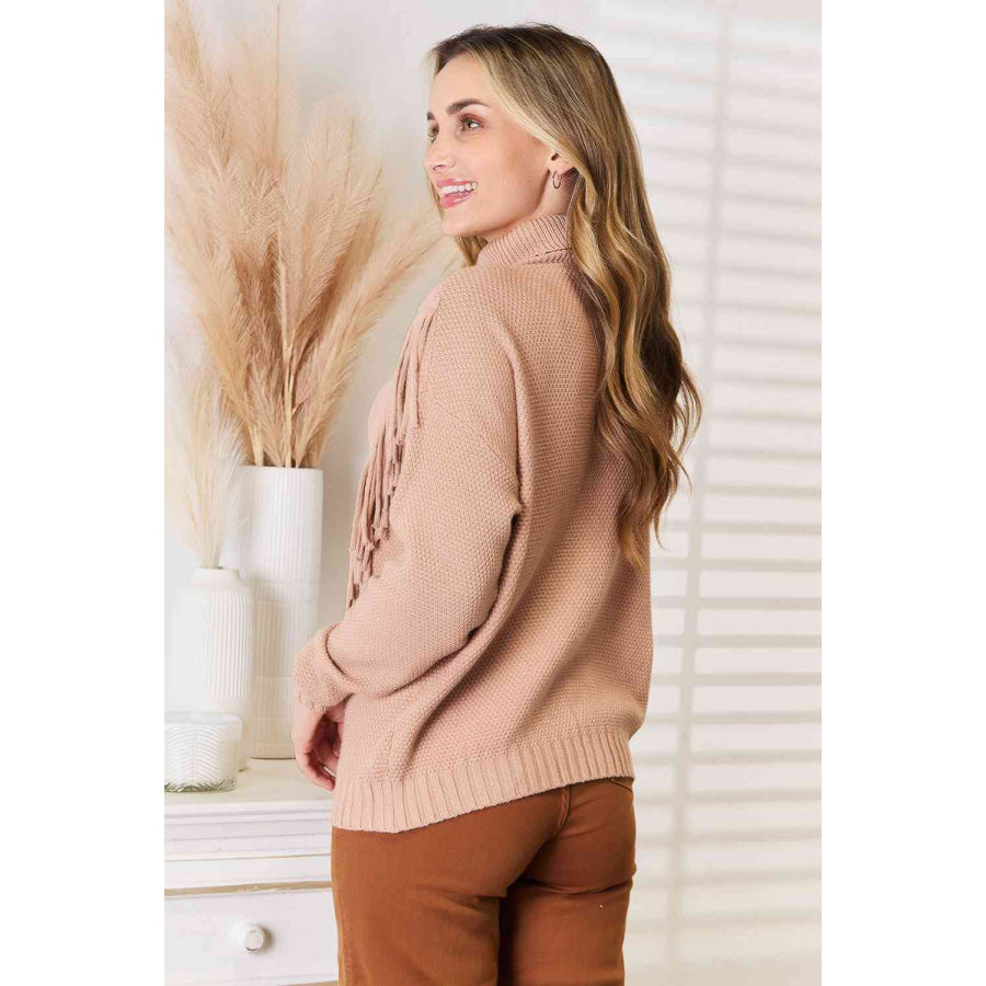 Woven Right Turtleneck Fringe Front Long Sleeve Sweater Camel / S