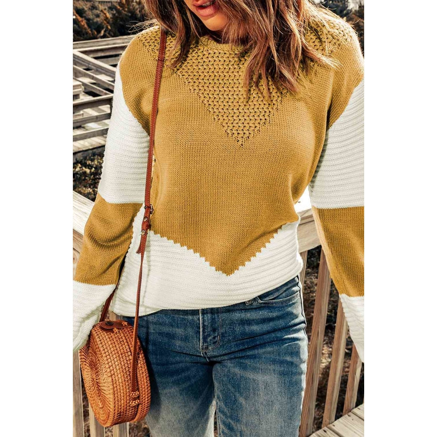 Woven Right Two-Tone Openwork Rib-Knit Sweater