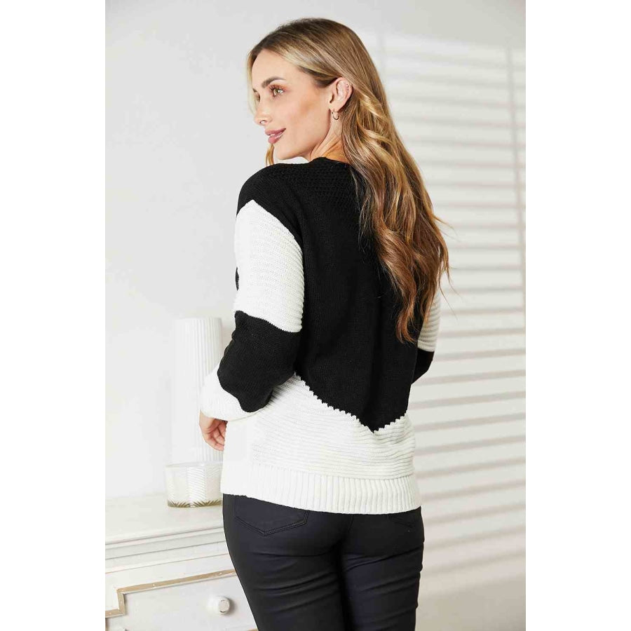 Woven Right Two-Tone Openwork Rib-Knit Sweater