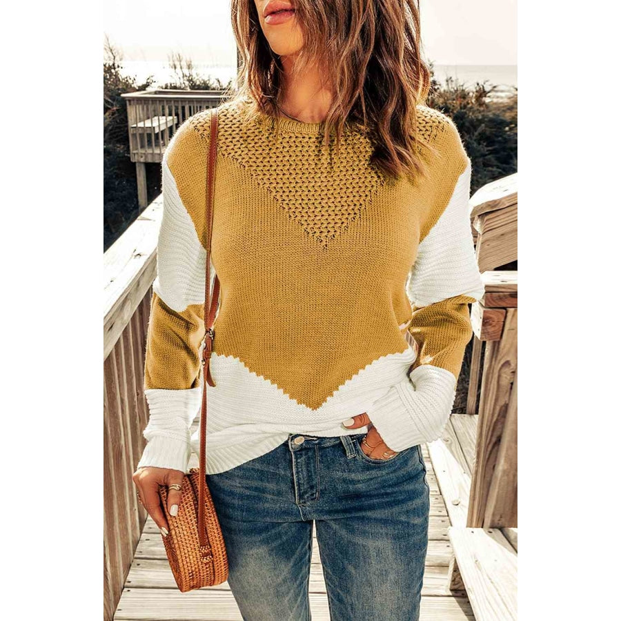 Woven Right Two-Tone Openwork Rib-Knit Sweater Yellow / S