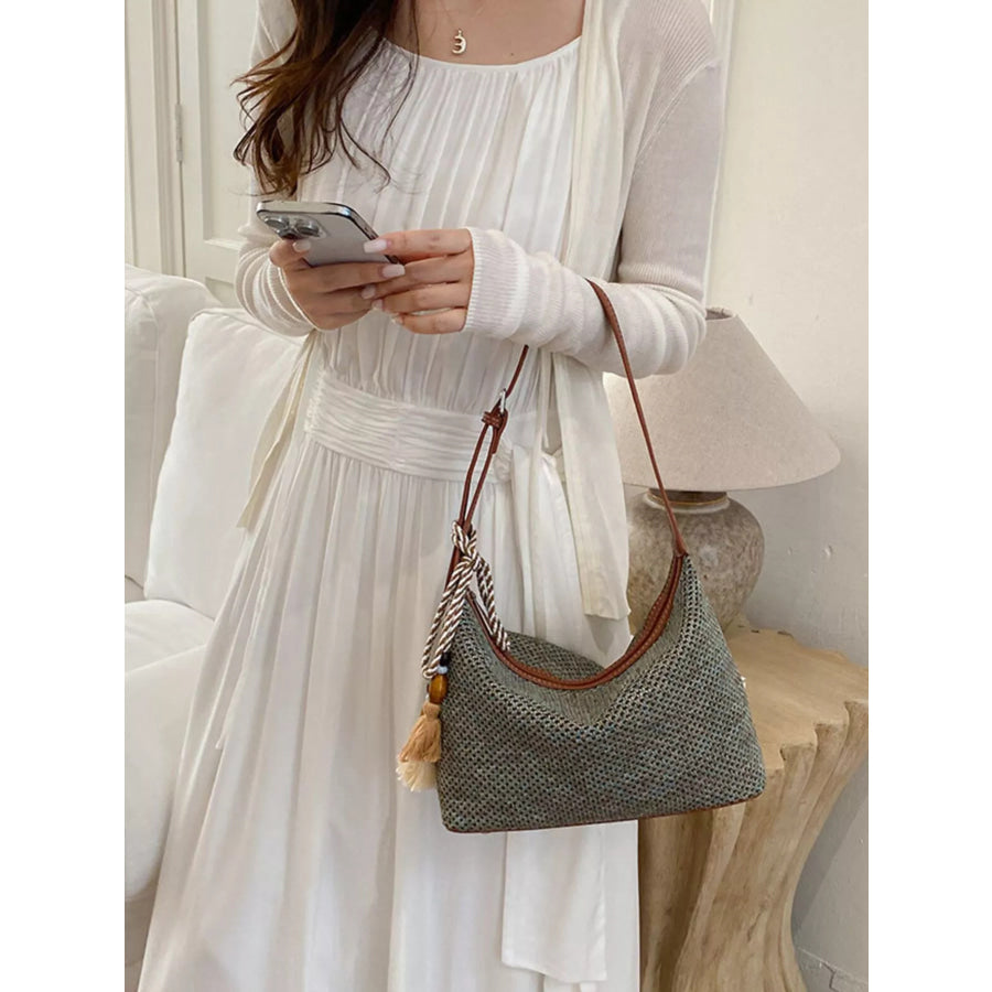 Woven Shoulder Bag with Tassel Apparel and Accessories