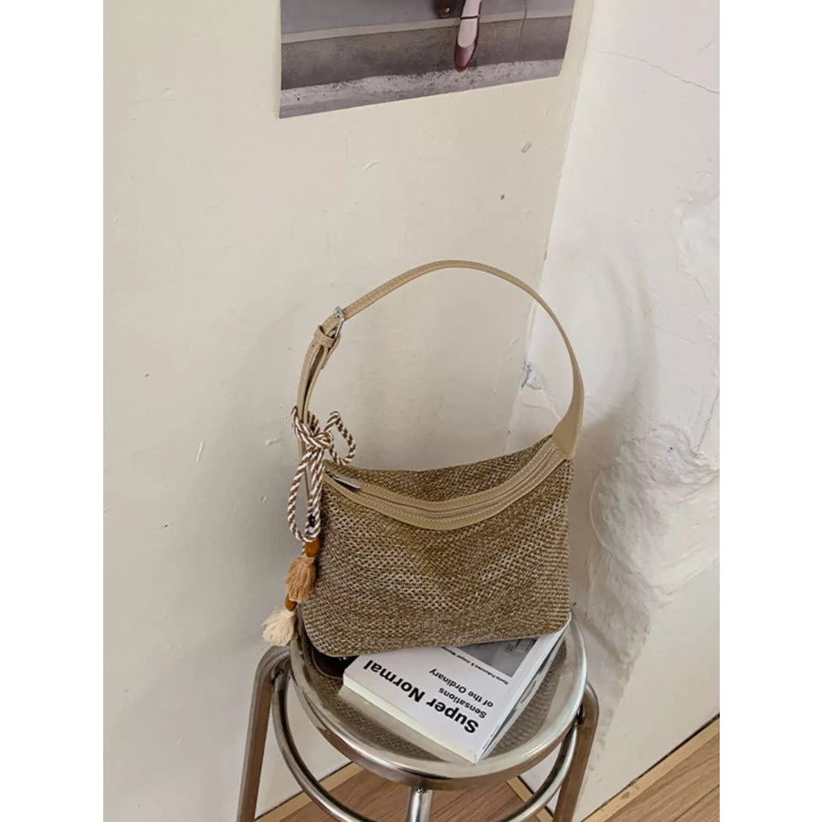 Woven Shoulder Bag with Tassel Khaki / onesize Apparel and Accessories