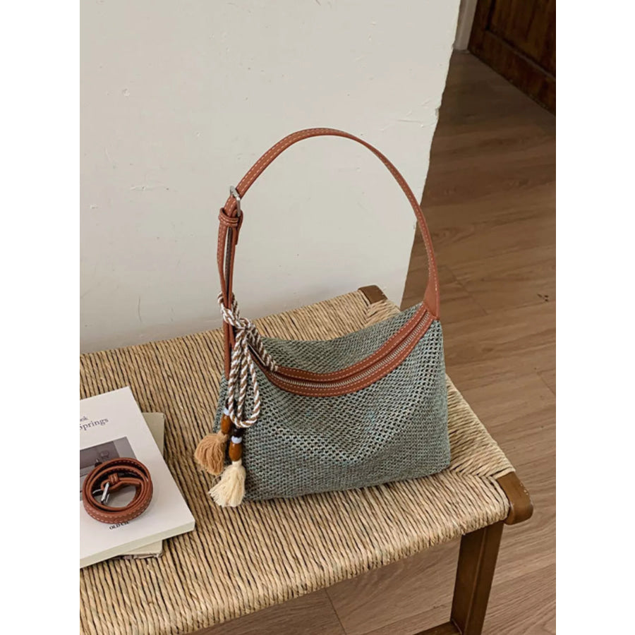 Woven Shoulder Bag with Tassel Sky Blue / onesize Apparel and Accessories