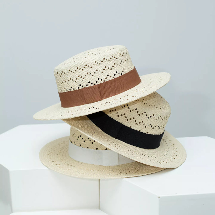 Woven Straw Boater Hat with Ribbon Apparel and Accessories