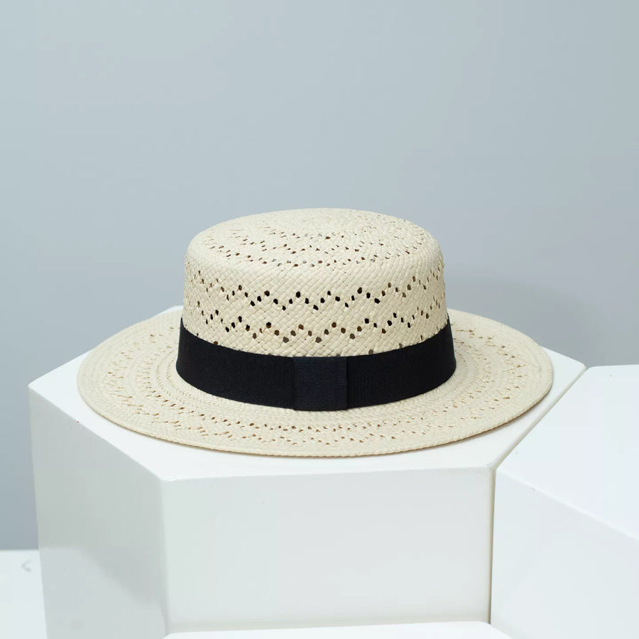 Woven Straw Boater Hat with Ribbon Black / One Size Apparel and Accessories