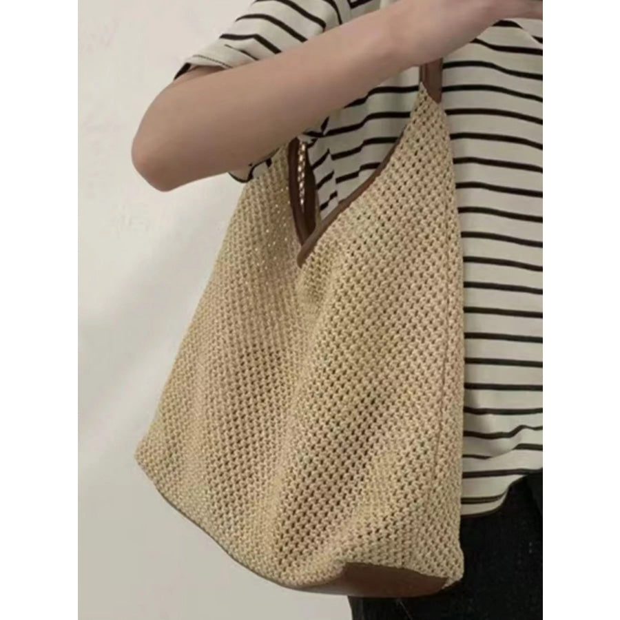 Woven Straw Handbag with Leather Strap Brown / One Size Apparel and Accessories