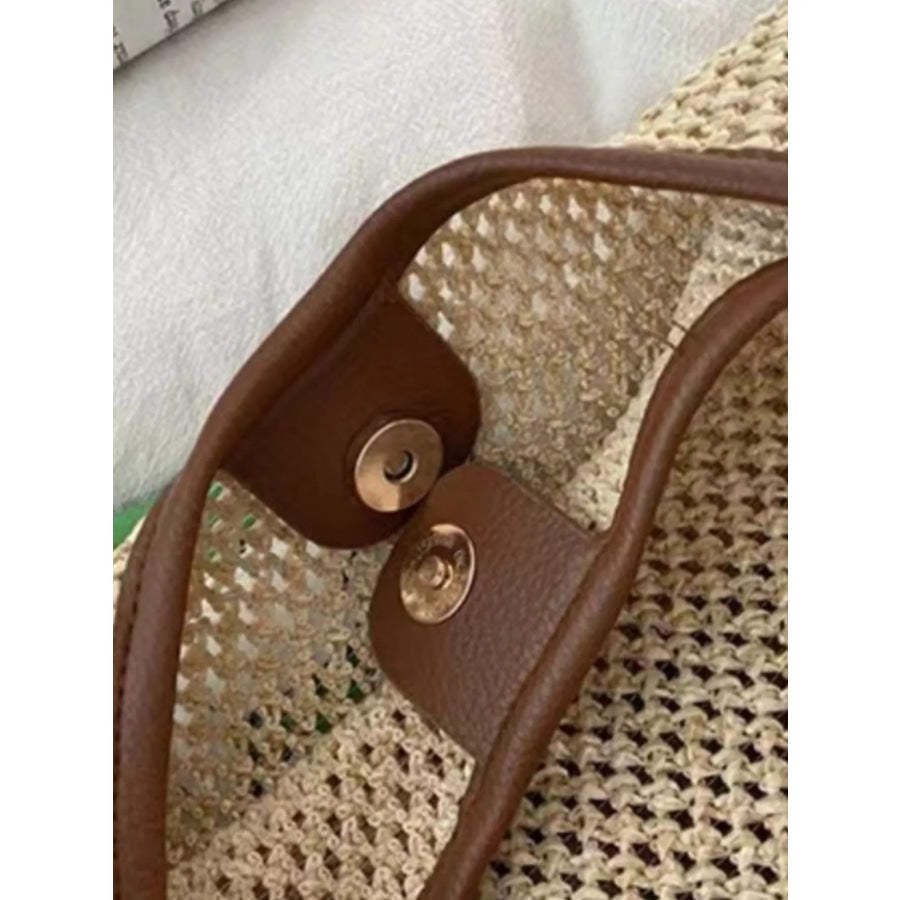 Woven Straw Handbag with Leather Strap Brown / One Size Apparel and Accessories
