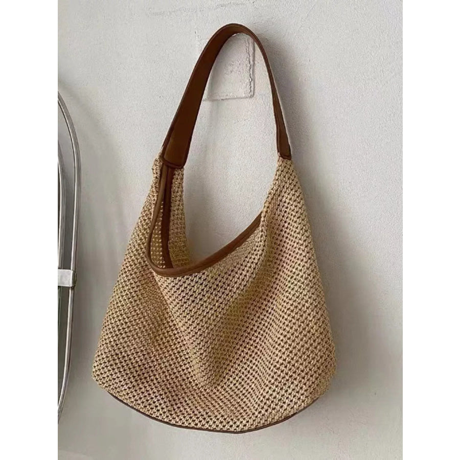 Woven Straw Handbag with Leather Strap Brown / One Size Apparel and Accessories