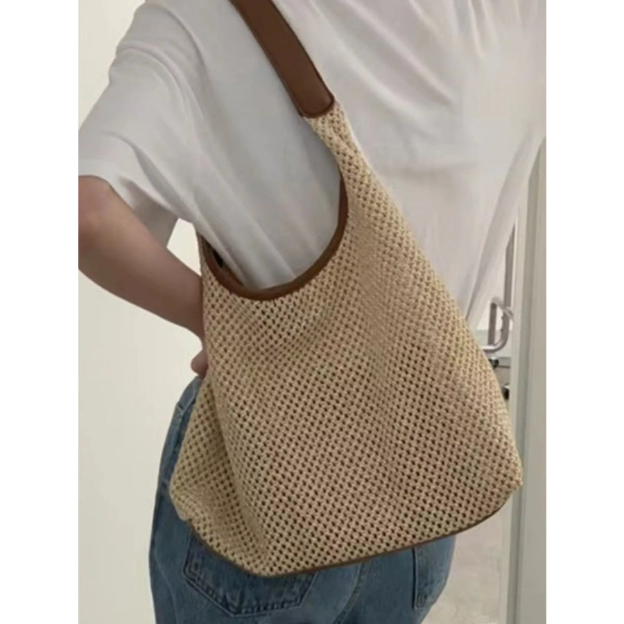 Woven Straw Handbag with Leather Strap Brown / One Size Apparel and Accessories
