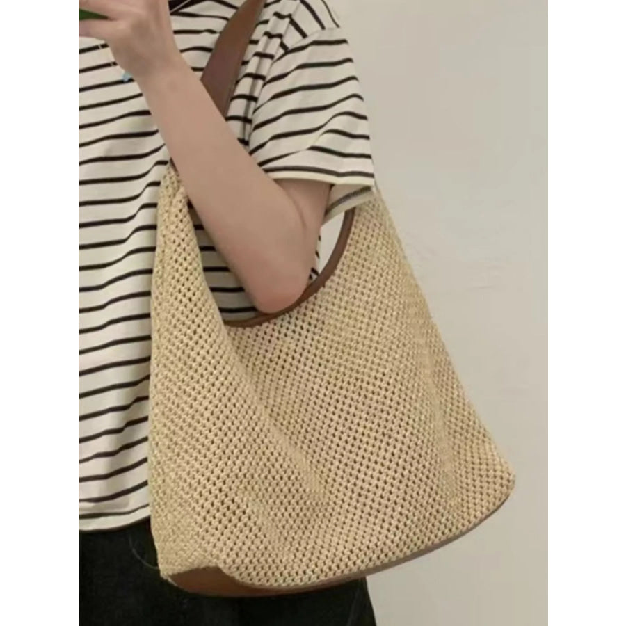 Woven Straw Handbag with Leather Strap Brown / One Size Apparel and Accessories