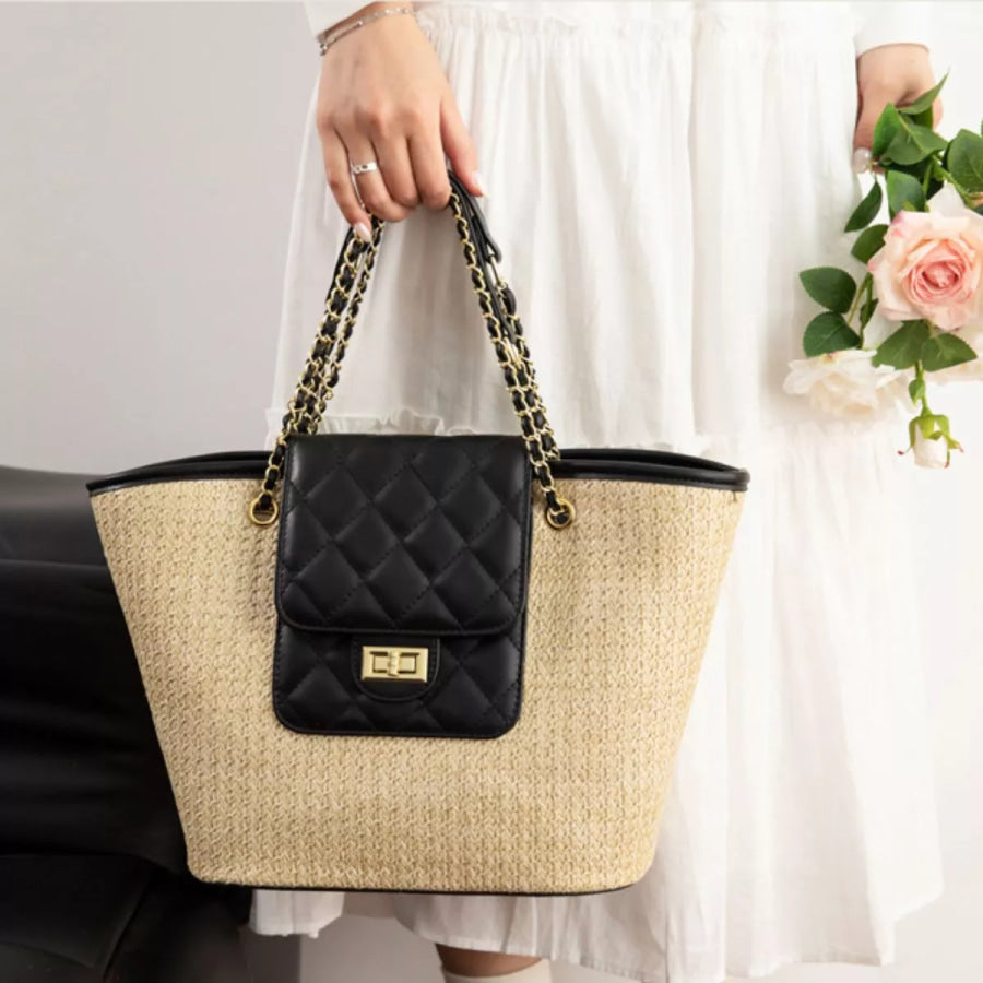 Woven Straw Shoulder Bag Black / onesize Apparel and Accessories