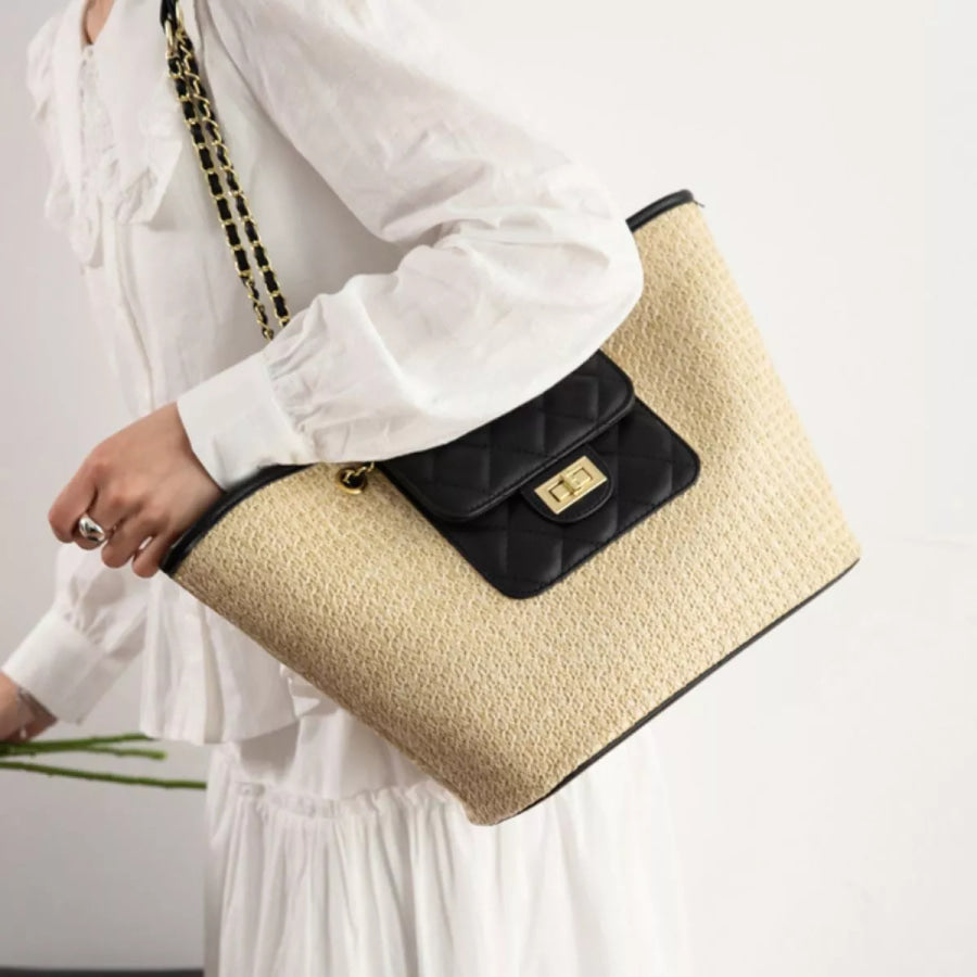 Woven Straw Shoulder Bag Black / onesize Apparel and Accessories