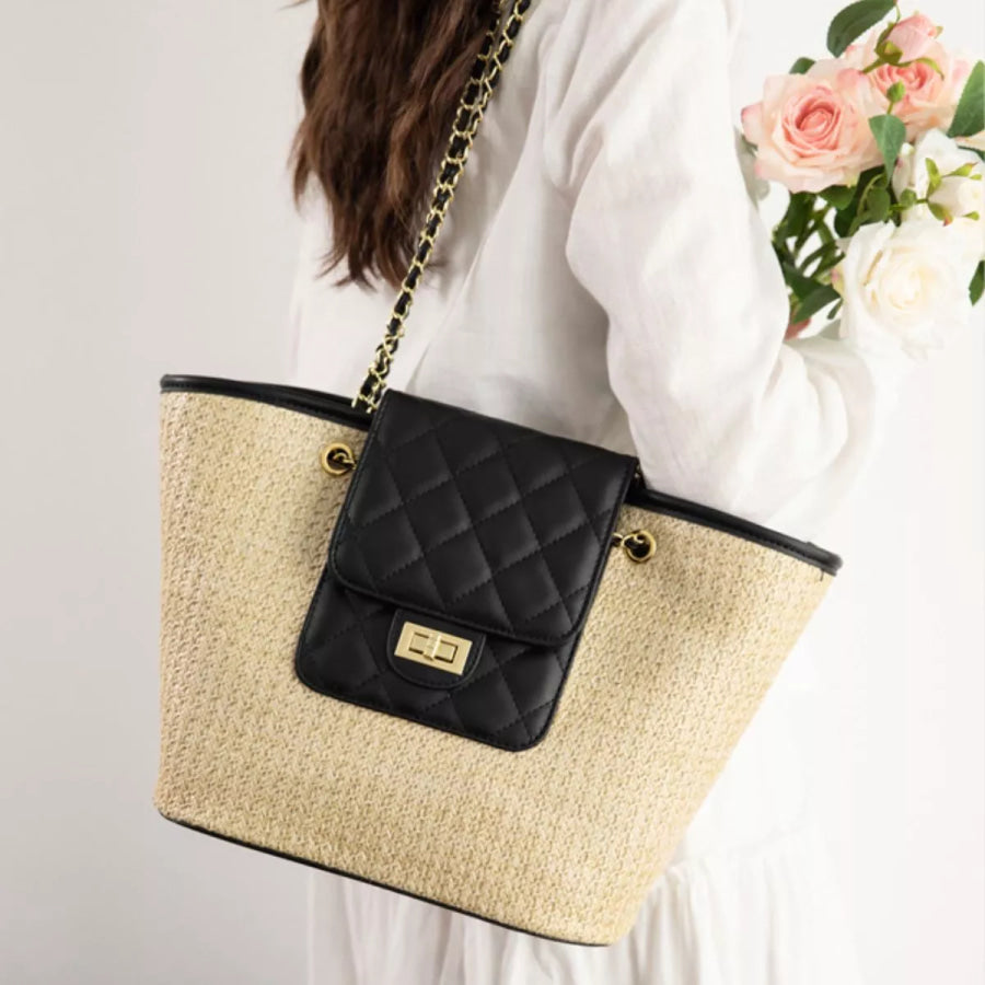 Woven Straw Shoulder Bag Black / onesize Apparel and Accessories