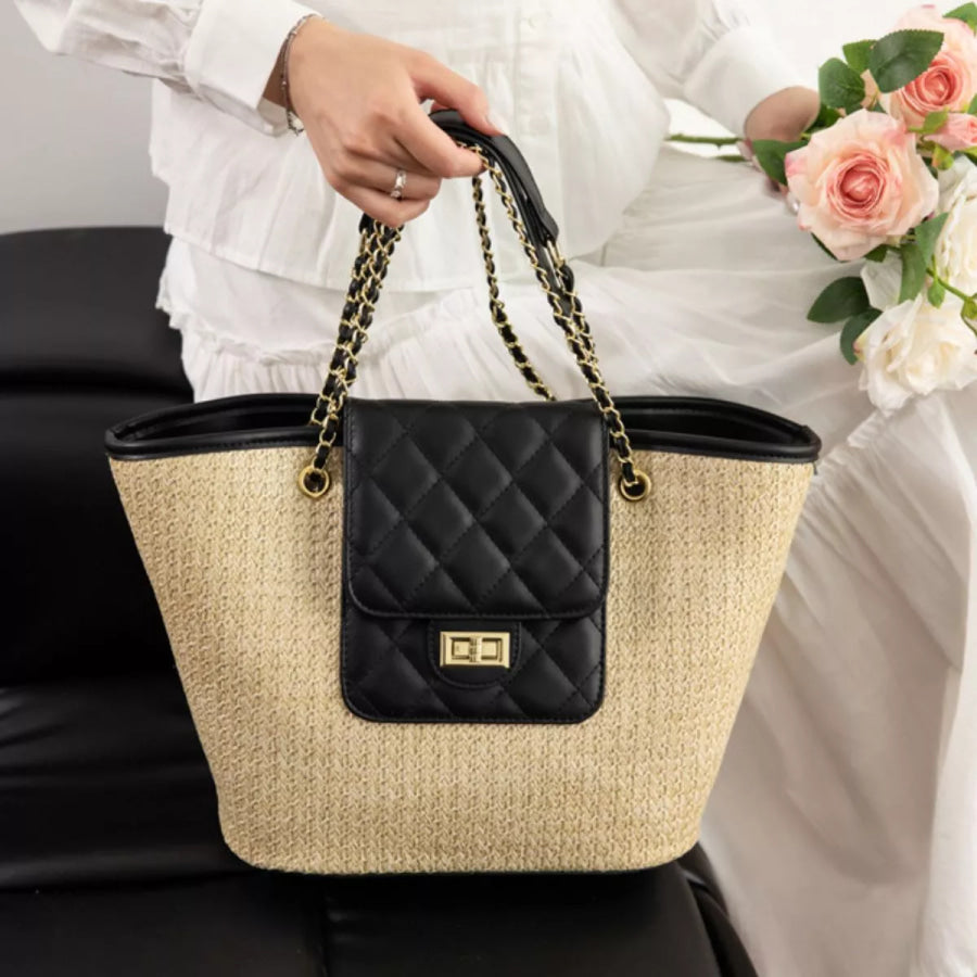 Woven Straw Shoulder Bag Black / onesize Apparel and Accessories