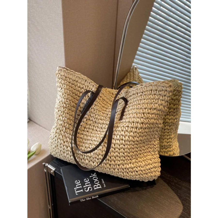 Woven Straw Shoulder Bag Khakis / One Size Apparel and Accessories
