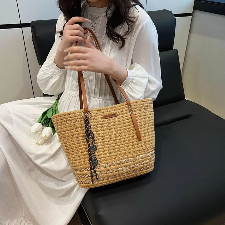 Woven Straw Tote Handbag with Leather Straps Khaki Color / One Size Apparel and Accessories