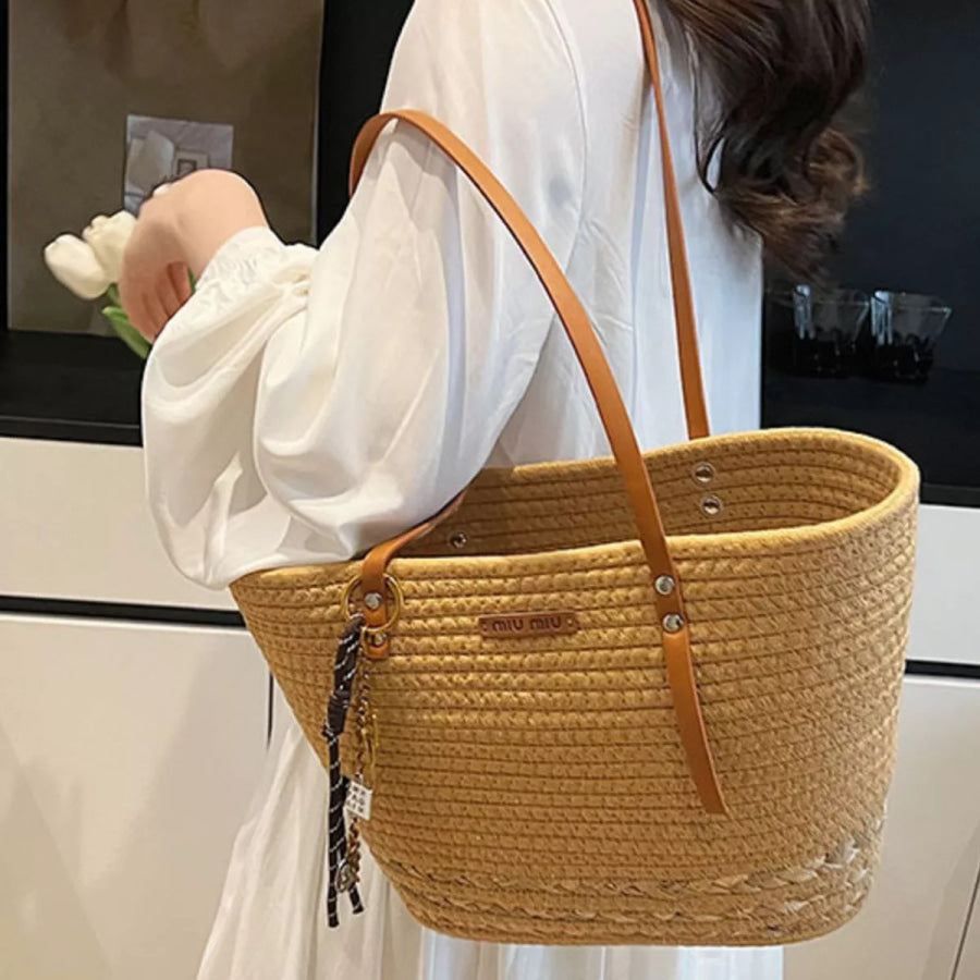Woven Straw Tote Handbag with Leather Straps Khaki Color / One Size Apparel and Accessories