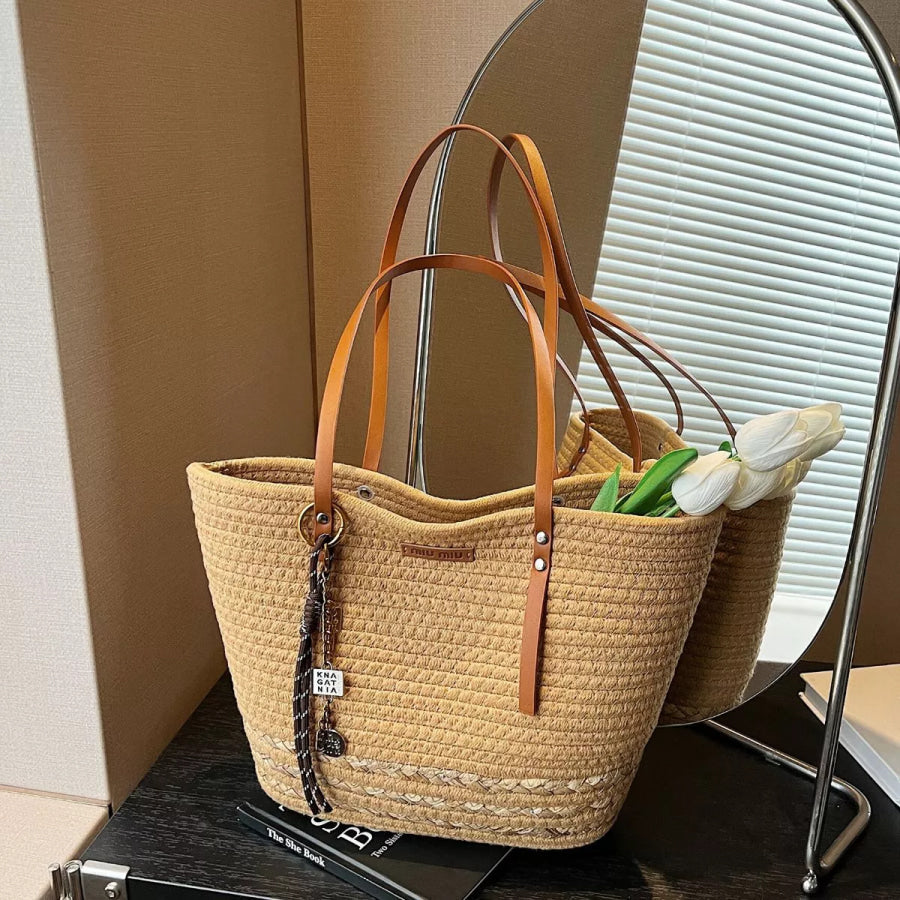 Woven Straw Tote Handbag with Leather Straps Khaki Color / One Size Apparel and Accessories