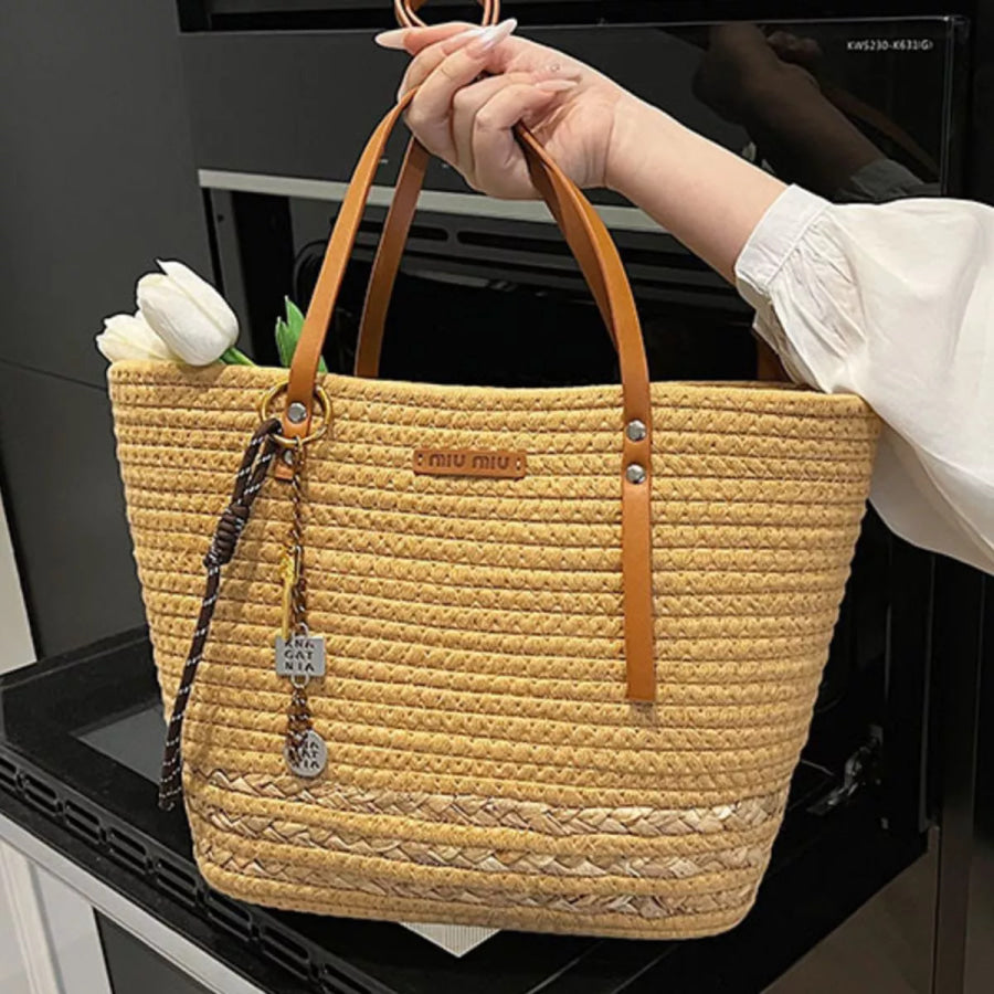 Woven Straw Tote Handbag with Leather Straps Khaki Color / One Size Apparel and Accessories