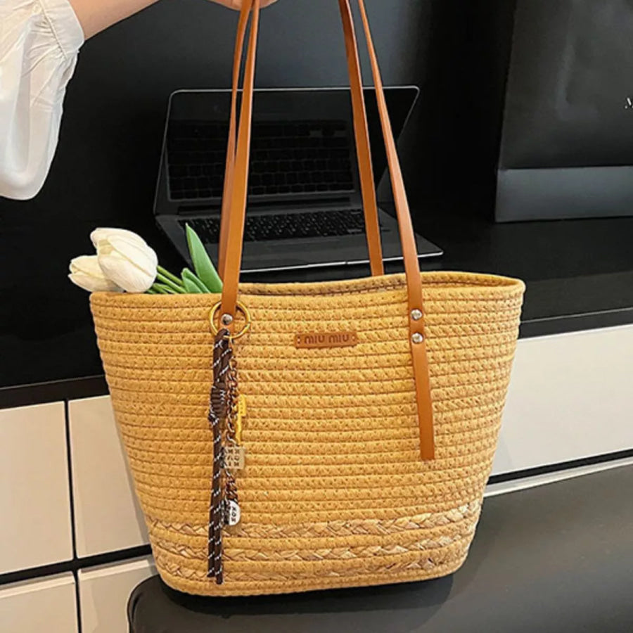 Woven Straw Tote Handbag with Leather Straps Khaki Color / One Size Apparel and Accessories