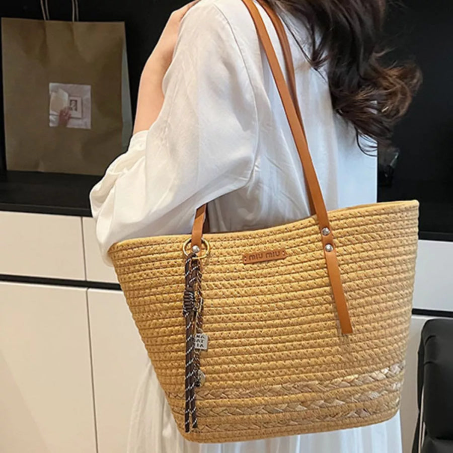 Woven Straw Tote Handbag with Leather Straps Khaki Color / One Size Apparel and Accessories