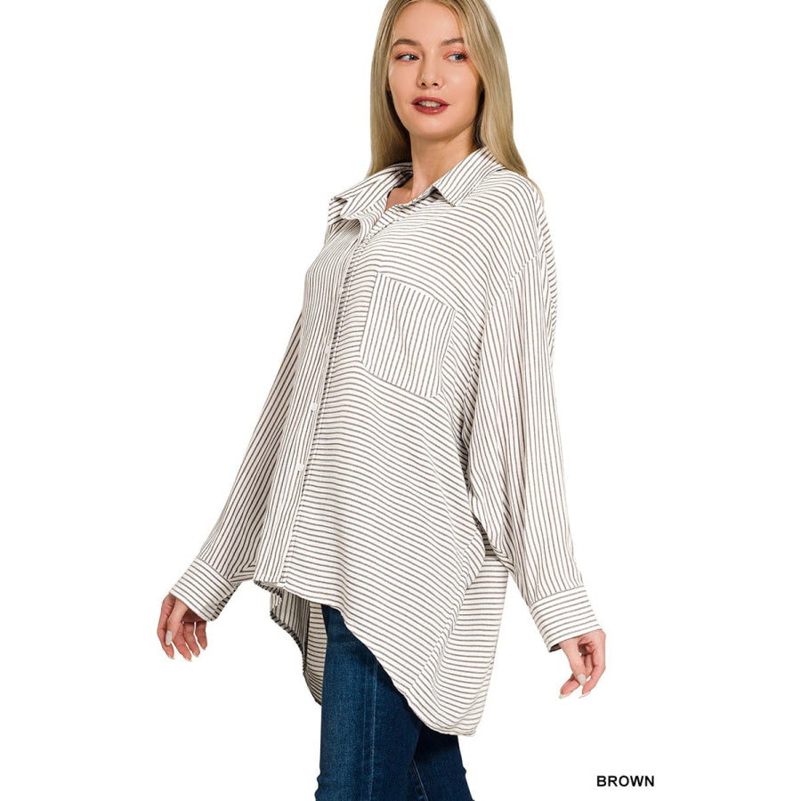 Woven Stripe Button Down Shirt BROWN / S/M Apparel and Accessories