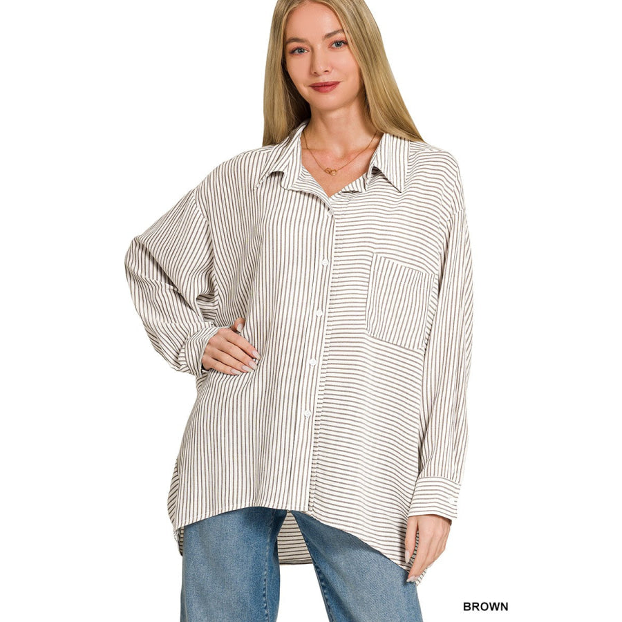 Woven Stripe Button Down Shirt BROWN / S/M Apparel and Accessories