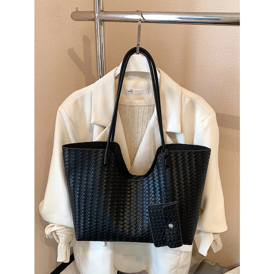 Woven Texture Large Capacity Tote Bag Black / One Size Apparel and Accessories