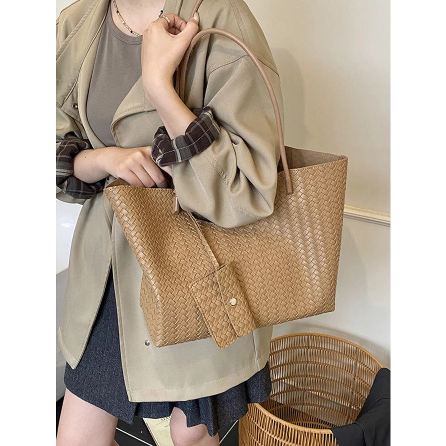 Woven Texture Large Capacity Tote Bag Khaki / One Size Apparel and Accessories