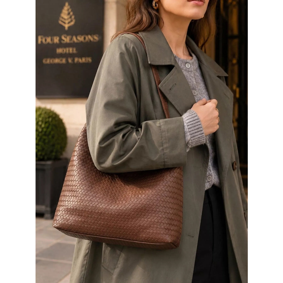 Woven Texture Shoulder Bag and Wristlet Set Dark Brown / onesize Apparel Accessories