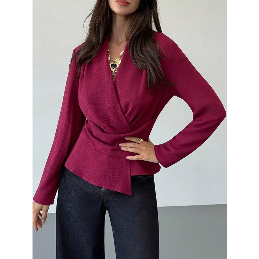 Wrap-Front Long Sleeve Blouse Cerise / M Apparel and Accessories